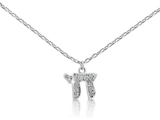 Silver Chai Charm Necklace with Sparkling Stones