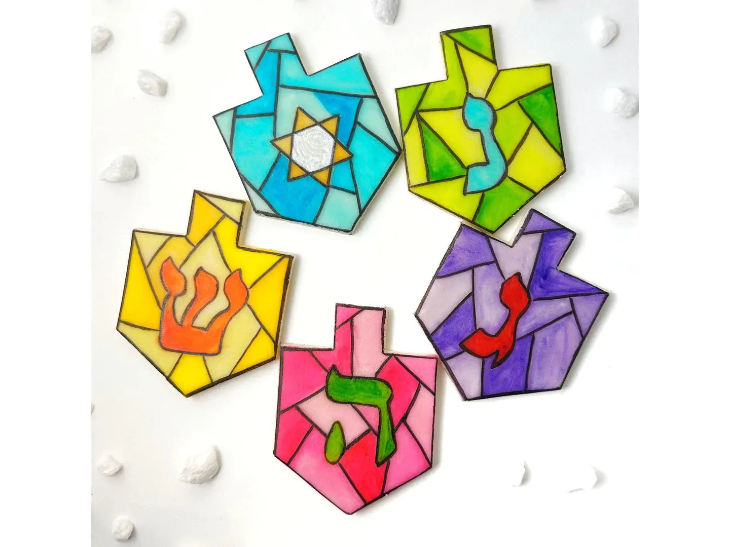 Hanukkah stained glass marzipan dreidels
