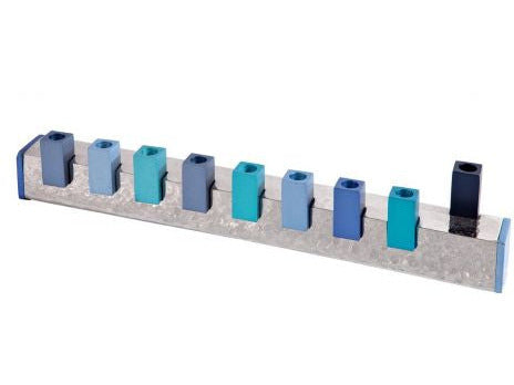Blue Squares Hammered Hanukkah Menorah