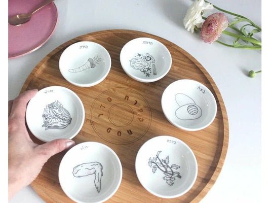 Black and White - Bamboo Wood and Porcelain Modern Seder Plate