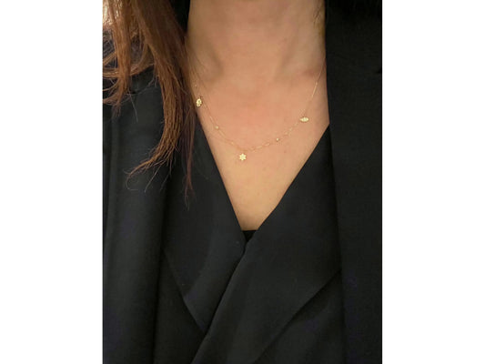 14K triple charm necklace evil eye star and harmsa