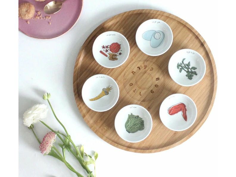 Colorful - Bamboo Wood and Porcelain Modern Seder Plate