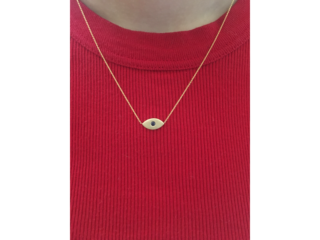 14k yellow gold evil eye necklace with .10ct blue sapphire