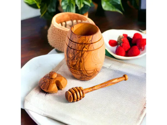 Handmade Olive Wood Honey Pot Jar with Dipper Spoon