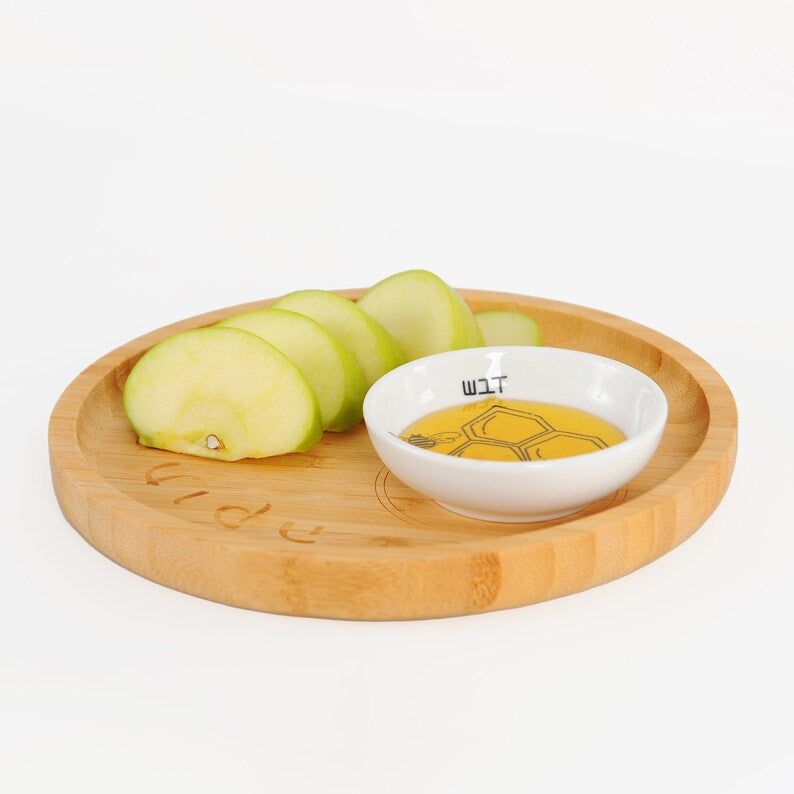 Rosh Hashanah Bamboo apple tray and porcelain honey dish