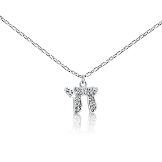 Silver Chai Charm Necklace with Sparkling Stones