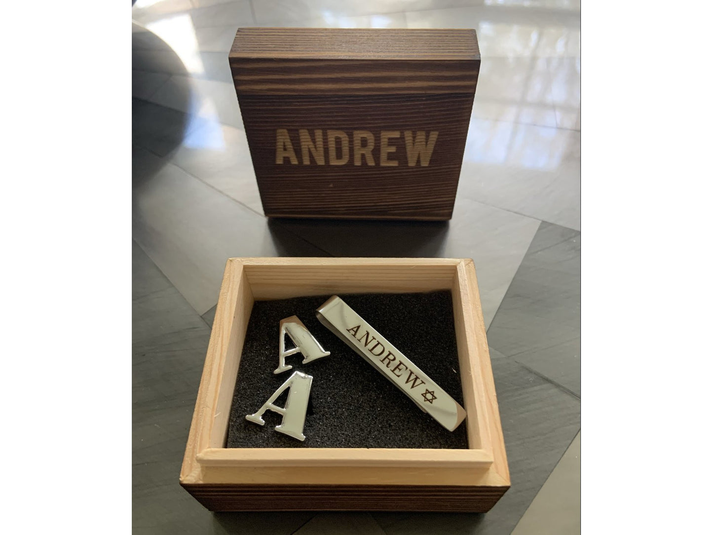 Personalized Initial Cuff Links and Tie Clip with Engraved Box