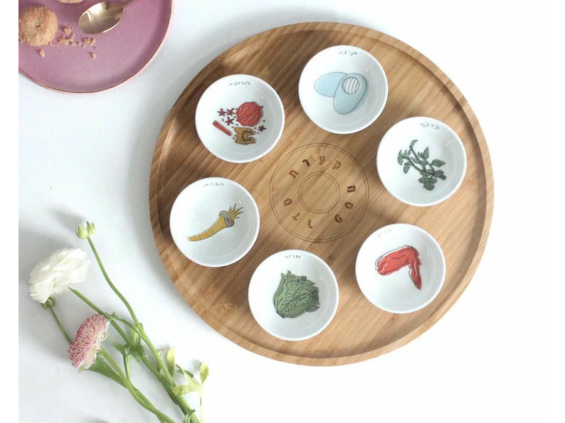 Colorful - Bamboo Wood and Porcelain Modern Seder Plate