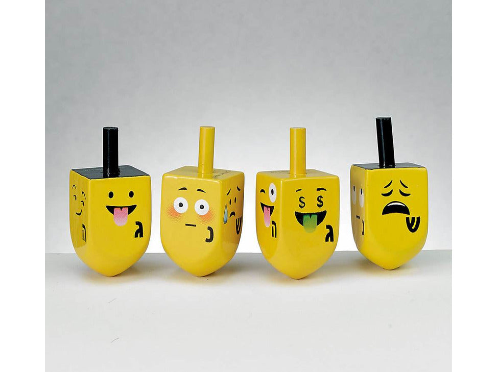 Four Painted Wood Dreidels with Emojis
